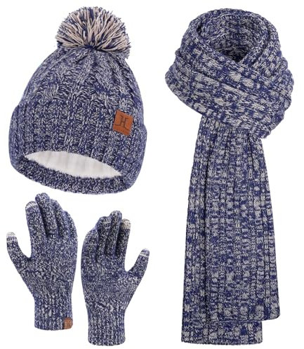 Damen Winter Warm Beanie Mütze Touchscreen Handschuhe Lang Schal Set mit Fleece Gefüttert, Thermo Wintermütze Strickmütze mit Bommel Schals Winterhandschuhe Frauen Geschenk, Marinebraun