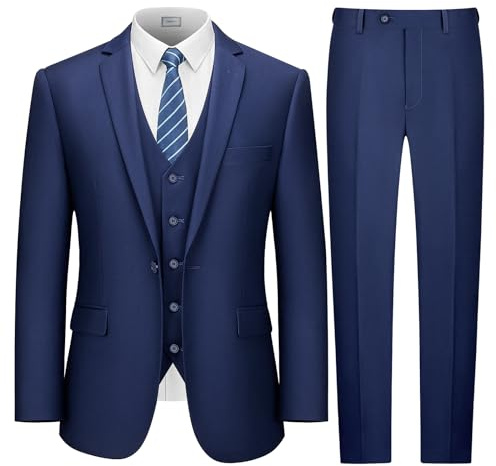 LUPURTY Men's 3 Piece Suit, One Button Slim Fit Tuxedo, Navy Blue, M