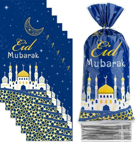 Maqhpu 100 Stücke Eid Mubarak Tüten, Bayram Geschenke Tüten, Ramadan Geschenke Kinder Zellophanbeutel, Perfekt für Ramadan und Eid Mubarak Dekoration