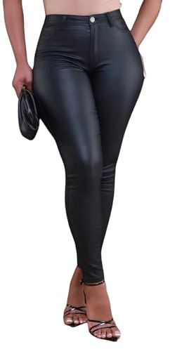 hibshaby Black Leather Leggings, Womens Stretchy Leggings Faux Leather Zipper Pants High Waist Casual Trousers M