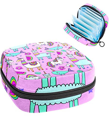 Aufbewahrungstasche für Damenbinden, Menstruationstassen-Tasche, Perioden-Tasche, Organizer für weibliche Pads, Tampons, Einhorn und Lama-Delfin