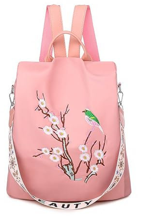 Rucksack Damen Wasserdichte Anti Diebstahl Schulrucksack Umhängetasche, Mode Cityrucksack Tagesrucksack für Schule Reisen Arbeit Einkauf (Vogel Rosa)