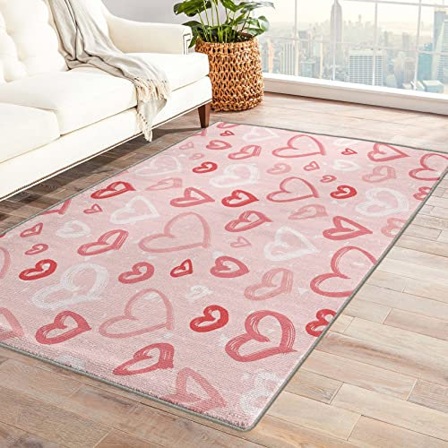 GEDAEUBA Tapis Salon Coeur Rose - Moquette Chambre Antidérapant et Lavable en Machine, Tapis de Sol Interieur Doux à Poils Ras pour Chambre à Coucher Salon et Salle à Manger, 170x240 cm