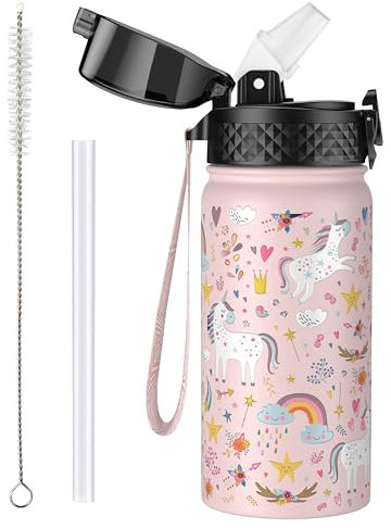 OLDLEY 420ml/14oz Kids Stainless Steel Insulated Water Bottle with Straw for School Reusable Metal Vacuum Small Flask Leakproof Keep Drinks Hot Cold for Boys Girls Toddlers Children (Unicorn, 420ml)