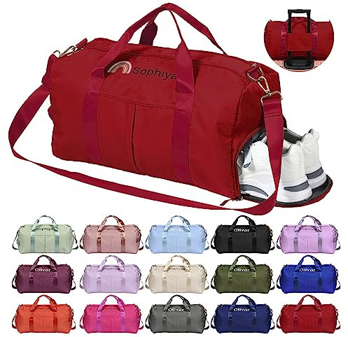 Personalisierte Schwimmtasche, OXYEFEI 45 Embroidery Muster Optional Sporttasche Mädchen Kinder Name Trainingstasche mit Groß Schuhfach Nassfach Faltbare für Ballett Gymnastik Gym(Rot)