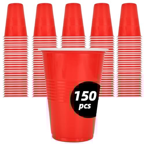 YOUNTHYE 150Pcs Red Cups, 16oz/500ml Red Plastic Cups Large Plastic Drinking Cup for for Birthday, Picnics, BBQ, Christmas, Outdoor Activities, Odorless & Shatter Proof