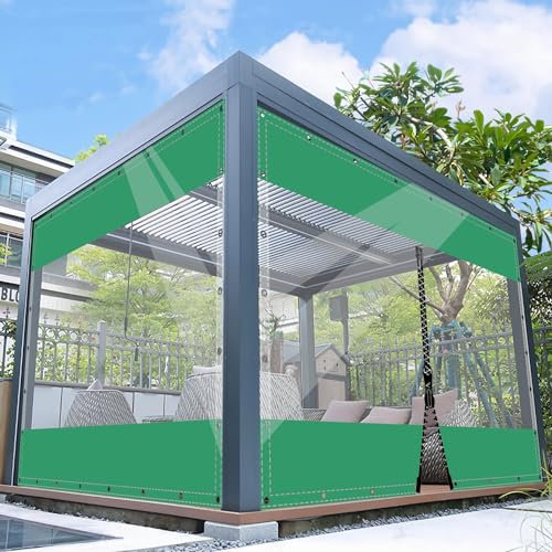 SDLLG Transparente Trennvorhänge mit Ösen, PVC Outdoor Planenvorhänge 0,5mm Klar Seitenplane für Pavillons, Pergola, Balkon e, Gärten,Vorbau 2x2m(HxL) Grün