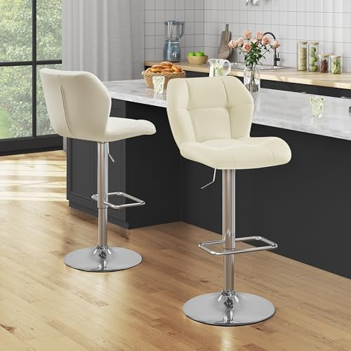 Yaheetech 2 Pcs PU Leather Bar Stools Set with Backrest, Swivel Adjustable Height Counter Stools for Breakfast Bar, Kitchen, Home & Restaurant Use, Beige