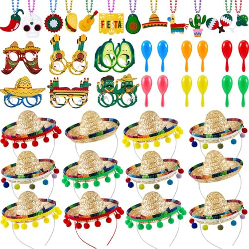 Jexine 48 recuerdos de fiesta que incluyen 12 sombreros mexicanos con diadema, 12 collares del Cinco de Mayo, 12 gafas de fiesta, 12 maracas de plástico para fiesta (estilo pajita)