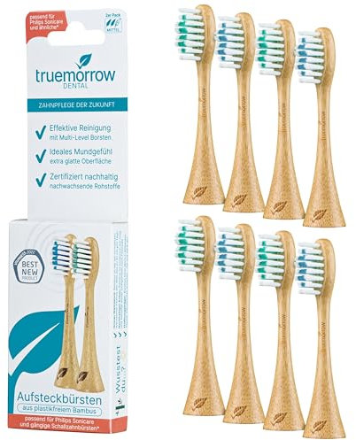 truemorrow Nachhaltige Ersatzbürsten aus Bambus für Philips Sonicare Schallzahnbürste | 8 Stück | plastikfreier biologisch abbaubarer Griff | vegan klimaneutral | mittlere Borsten