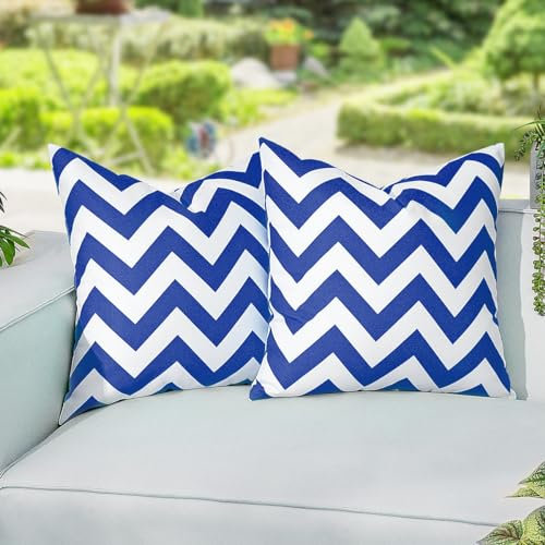 Lewondr Outdoor Kissenbezüge, 2 Stück 50x50cm Wasserdicht Gestreifte Kissenbezüge, Dekorative Outdoor-Couch-Kissenbezüge Für Kissen Terrasse Veranda Bauernhof Garten Balkon, Blau & Weiß