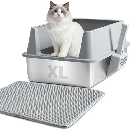 XL Stainless Steel Litter Box with Lid, Extra Large High Sided Metal Cat Litter Box with Mat and Scooper, Easy Clean, Non Stick & No Smell