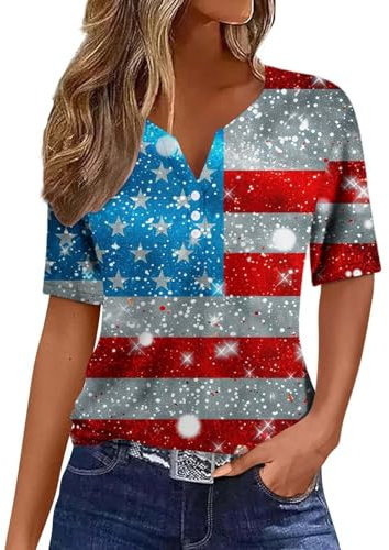 Damen-T-Shirt mit amerikanischer Flagge, patriotisches T-Shirt, USA-Flagge, T-Shirt, V-Ausschnitt, Sommer, kurzärmelig, Blau, Groß