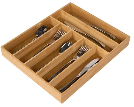 AUSYIWI Portaposate da Cassetto in bambù, Porta Posate Cucina Cassetto, 7 Scomparti, Divisore Posate & Utensili da Cucina, 33x40x5cm, Naturale