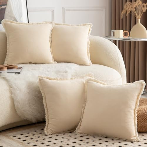 Mandioo 4er Set Neutralen Baumwolle Kissenbezug 65x65cm Herbst Quasten Dekorative Kissenbezüge Boho Sofakissen Dekokissen Kissenhülle für Couch Sofa Schlafzimmer Wohnzimmer Beige