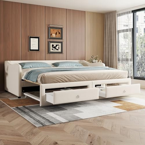 Dolamaní Tagesbett Ausziehbar 90x200 cm, Schlafsofa mit 2 Schubkästen, Ausziehbett Gleiche Höhe, Einzelbett(Ohne Matratze), Leinen, Jugendbett minimalistisches (Beige)