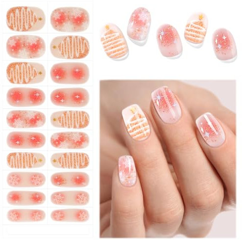 EBANKU Christmas Semi-Cured Gel Nail Strips,Glitter Gel Nail Polish Strips Long Lasting Waterproof Full Wraps Stickers with Stick, File (Christmas Tree and Snowflake)