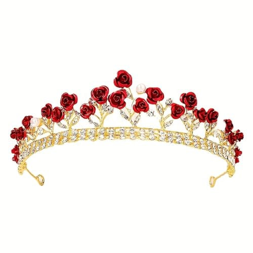 Kristall Perle Rose Crown Tiara for Frauen Braut Strass Prom Diadem Braut Hochzeit Haar Zubehör Schmuck Tiaras Und Kronen(Red)