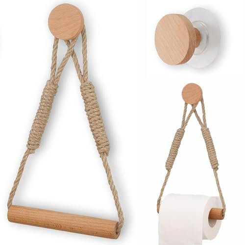 LSRVNM 2-Pack Wood & Rope Wall Toilet Paper Holder, Toilet Roll Holder Self Adhesive, Vintage Toilet Paper Holder with Hemp Rope, Wall-Mounted Towel Racks, Bathroom Decor