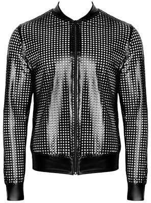 Mutige Männer Bomberjacke aus hochwertigem Power Wetlook mit perforiertem Design, Reißverschluss und elegantem Kragen für auffällige Looksschwarze Powerwetlook Jacke H076 XL