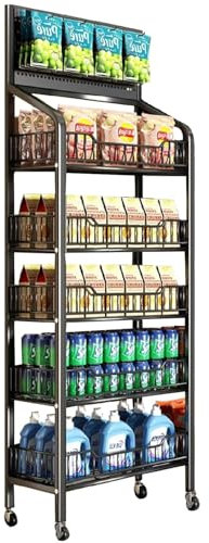 BDYWLWP 5-Stöckiges Snack-Regal im Supermarkt, Snacks und Süßigkeiten Regal Display Rack mit Rädern, Schwarze Einlegeböden aus Metall mit 15-Haken, Geeignetfür Geschäfte, Supermärkte, Küchen