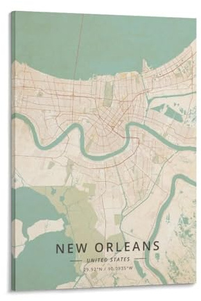 LZTEN New Orleans United States Map Poster Vintage Print Canvas Poster Wall Art Bedroom Office Room Decor Gift Frame 60 x 90 cm