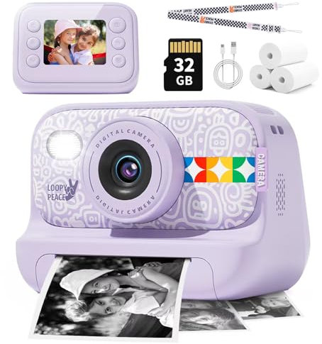 Instant Print Camera for Kids, Christmas Birthday Gifts for Girls Boys Age 3-12, Thermal Printing,1080P Digital Video Portable Travel Toddler Toy Camera Purple