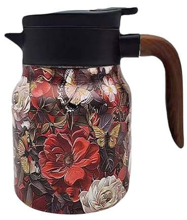 Thermoskanne 1l, Edelstahl Teekanne mit Holzgriff und Teefiltersitz, Quick Press Verschluss, Kaffeekanne Thermo, Isolierkanne, Thermoskannen für Tee, Kaffee, Cappuccino (Rose)