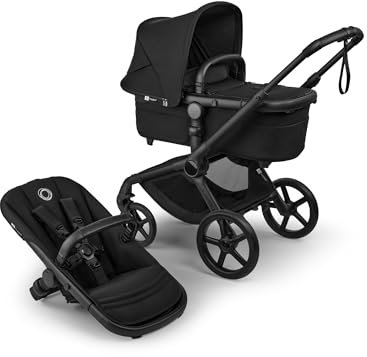 Bugaboo Fox 5 Renew, 2-in-1 Kinderwagen für jedes Gelände, mit Liegewanne und ausziehbarem Kleinkindsitz, praktische Ein-Hand Faltung, Fahrgestell in Schwarz und Sonnendach in Heritage Black