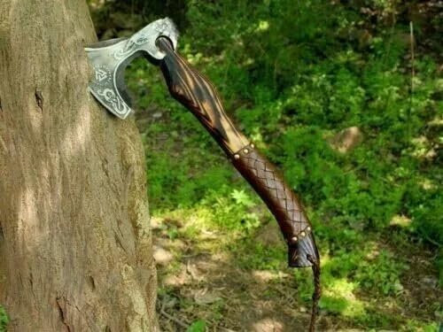 Viking Axe High Carbon Steel Blade Hand Forged Hunting Camping Ax, Ashwood Handle, Viking Bearded Outdoor Axes, Hatchet Axe, Tomahawk Gift, Wood Splitting AX, Xmas Birthday Gift Axes with Sheath