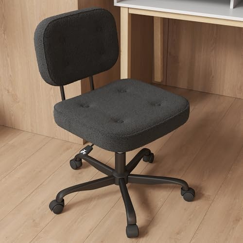 AnyGod Armless Desk Chair for Home Office, Compact Swivel Task Seat with Adjustable Height & Wheels, Ergonomic Low Back Computer Chair for Small Spaces, Study & Dressing Tables, Black Teddy-Fleece