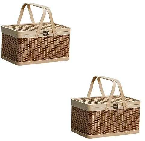 HCZKIUJY 2 Stück Bambuskorb Haubenkorb Großer Handobstkorb Weidenkorb Weiß Herz Picknickkorb Großer Aufbewahrungskorb Picknickkörbe Home Dekorativer Korb Aufbewahrungsbox Mit