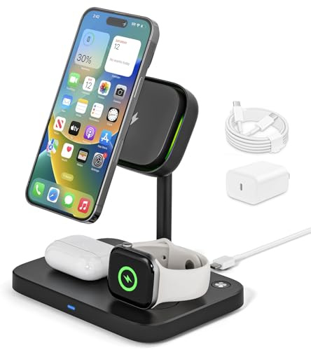 Induktive Ladestation für iPhone 16 15 14 13 12 Pro Max Serie, für Apple Watch 10/9/Ultra/8/7/6/SE/5/4/3, für AirPods Pro 4 3 2, 3 in 1 Wireless Charger für iPhone