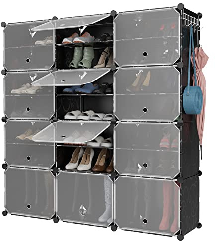 GIANTEX Schuhschrank mit 12 Würfeln mit abnehmbarem Regal, Schuhregal für 48 Paar, 5 Haken zum Aufhängen, 12 Türen, 124 x 32 x 125 cm, für Flur, Eingang, Wohnzimmer (Schwarz)