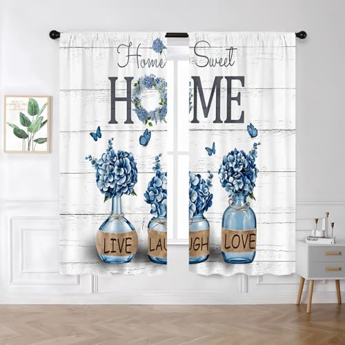 Famiffty Farmhouse Blue Hydrangea Window Curtains 42W X 63L Inches 2 Panels Rod Pocket Country Retro Vintage Home Sweet Rustic Elegant Window Drapes Treatment for Living Room Bedroom Home Decor