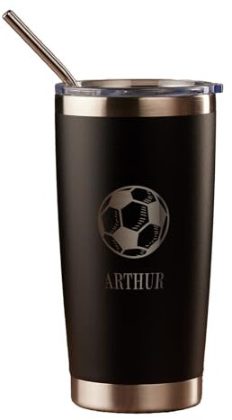 ukgiftstoreonline Personalised Engraved Thermal Travel Mug Any Name Football Gift with Metal Straw