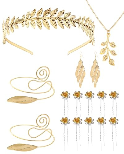 Goldene Lorbeerblatt-Kronen-Set 16 Stück Griechische Göttin Kostüm Mit Ohrringen Halskette Armreif Haarstiften Und Armband Faschingskostüme Karneval Für Frauen Für Renfaire Renaissance Und Halloween