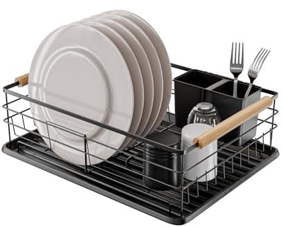 Amig - Scolapiatti Graz II Nero - 42 x 31,5 x 15 cm - Acciaio con Manico in Legno - Colore Nero - Scolapiatti con Vassoio di Gocciolamento e Supporto per Posate - Capacità 10 Piatti e 6 Bicchieri