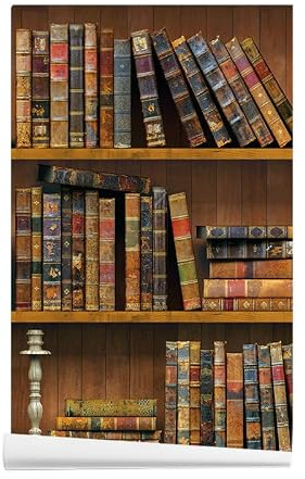 ANBILILA Self-Adhesive Wallpaper, Vintage Wood Bookshelf Peel and Stick Contact Paper, 44.5x500CM Retro Library Book Pattern Removable Wallpaper Deco Film for Wall Sticker Living Room Study