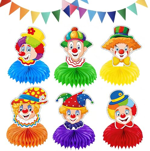 Clown Tischdeko Karneval, 6 Stück 3D Clownkopf Tischdeko, Karneval Bienenwaben Tischdeko mit Farbige Dreiecksflagge, 3D Karneval Tischdekoration, Tischdekoration für Karneval ischdekoration (Set A)
