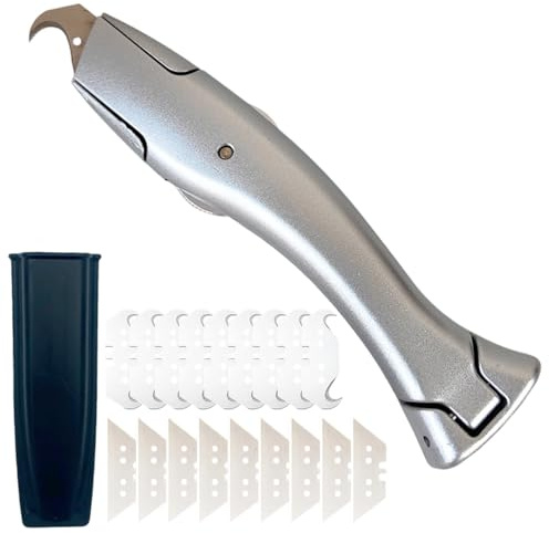Teppichmesser Hakenklinge, Hakenmesser mit 10 Trapezklingen, 10 Hakenklingen und Kunststoffköcher, Cuttermesser, Cuttermesser Profi für Trapezklingen zum Schneiden von PVC-Bodenbelägen