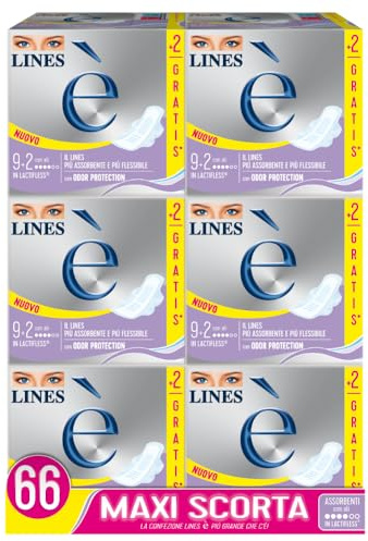 Assorbenti LINES È GIORNO con ali x66 pezzi per ciclo mestruale | l'unico assorbente con struttura in Lactifless, il LINES più assorbente e flessibile della gamma Lines, con Odor Protection