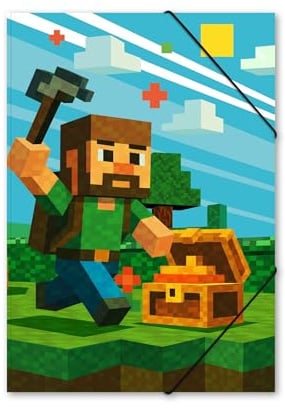 itenga Gummizugmappe mit Motiv DIN A4 aus stabilem KARTON - Motivauswahl für Jungen - Sammelmappe Eckspanner - für Kinder Jugendliche Schüler (Blockgame PIXEL)