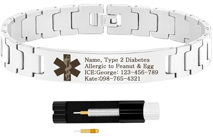 Anpassbares maskulines medizinisches ID-Armband aus Edelstahl | Graviertes Notfall-Alarmarmband | Premium-Identifikationsarmband-Stil | Enthält Link-Entferner
