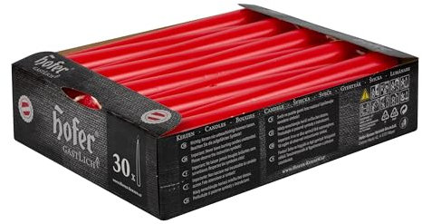 Hofer - Spitzkerzen - Mohnrot - 2,3 x 25 cm - Set 30 Stabkerzen - Lange Brenndauer 7 Stunden - Unparfümierte Tafelkerzen - Tropfenfrei Wachskerzens, Leuchterkerzen, Hergestellt in Österreich