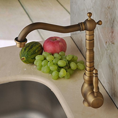 Hiendure® Robinet de plomberie de luxe en laiton massif d'inspiration antique, robinet de cuisine et salle de bain à bec long incurvé