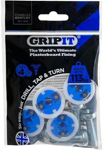 Fissaggi GripIt Blu 25 mm per Pareti in Cartongesso con Montanti - Carico Massimo: 113 Kg (Confezione da 4 pezzi)