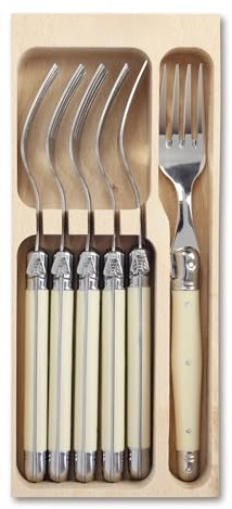 Andre Verdier Laguiole Dinner Fork Set of 6 Table, Dining Forks in Wooden Tray, 100% Made in France, Ivory Cream