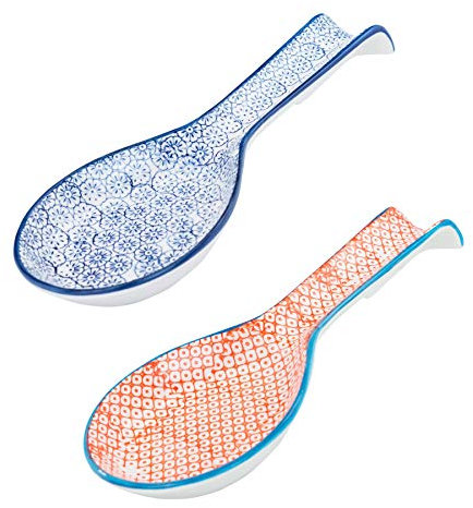 Nicola Spring Handbedruckte Küchenlöffelablagen - 26,5 cm - 2er-Pack - Marineblau, dekoratives Porzellan mit Blumenmuster, Küchengeschirr, Besteckablage zum Kochen, Holz, Teelöffel