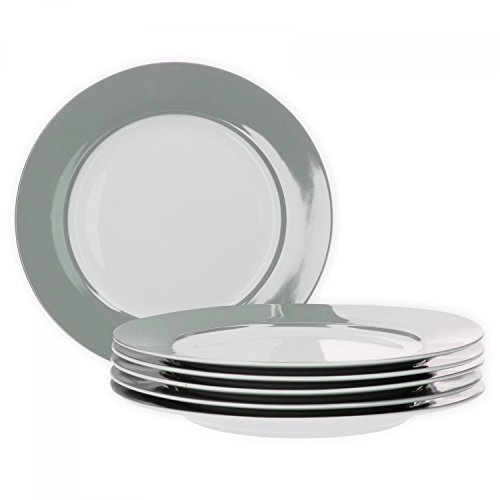 van Well Vario Speiseteller-Set 6-teilig - Tafel-Service für 6 Personen - flache Ess-Teller mit Ø 26,5cm - Porzellan-Service weiß mit Rand in Grau- Teller-Set mikrowellengeeignet